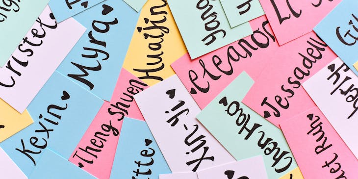 Generic names written in black on colored card.