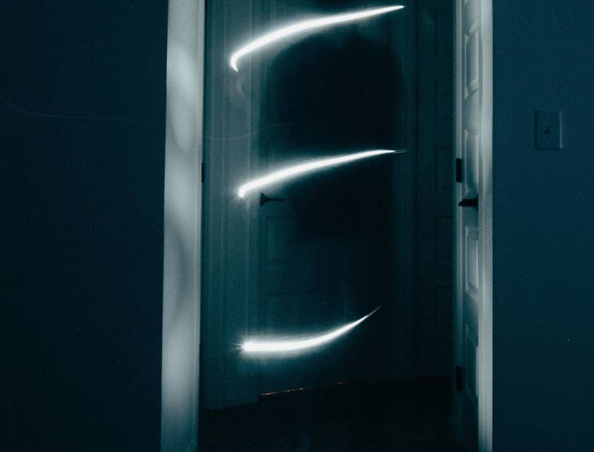 La imagen de un fantasma en una puerta atrapado en un negocio de cazafantasmas.