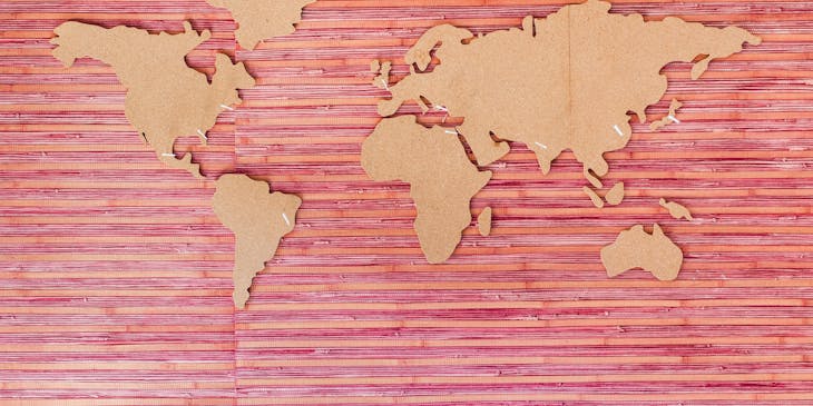 Artwork depicting a world map.