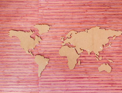 Artwork depicting a world map.