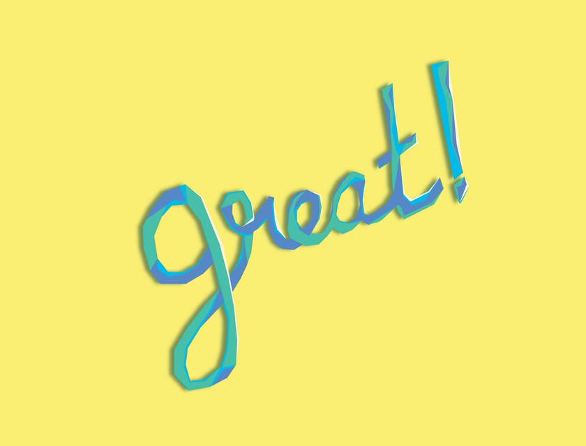 La parola inglese "great", "ottimo" o "grandioso", scritta in blu su uno sfondo giallo.