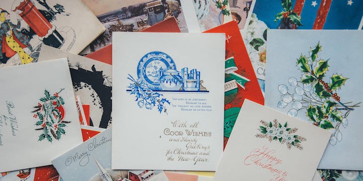 Greeting cards in a pile.