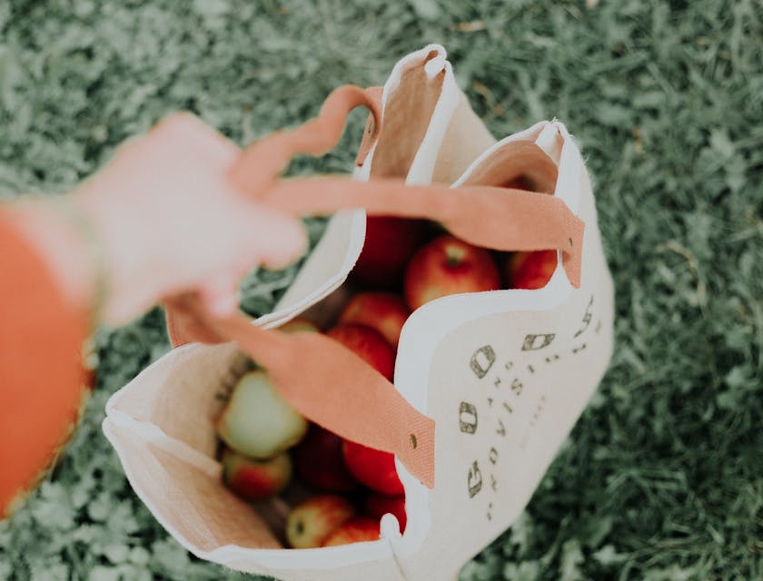 Una persona sosteniendo una bolsa llena de manzanas en un negocio de entrega de comestibles.