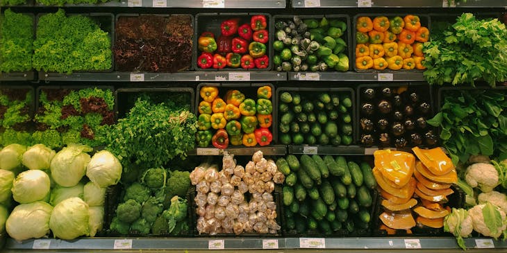 Fresh produce on the shelves of a grocery store.