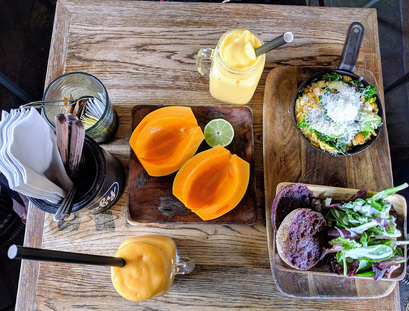 Fresh fruit and cooked food served at a Hawaiian restaurant business.