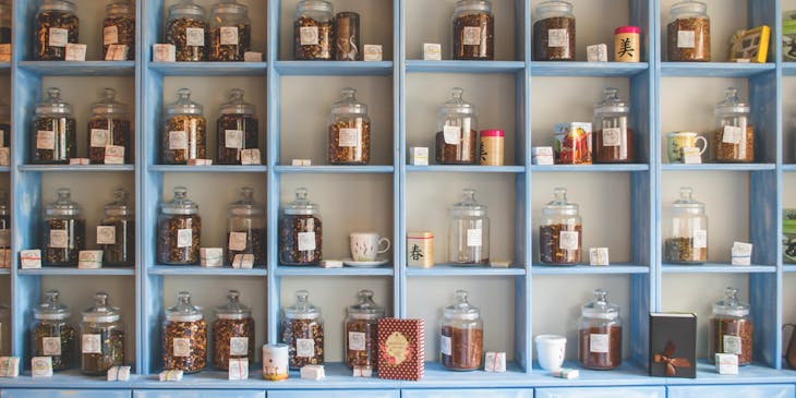 Herb display in a herbal shop.