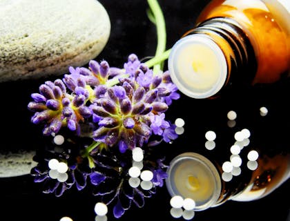 Display of herbal extracts and remedies in glass containers on a table in a homeopathic setting.