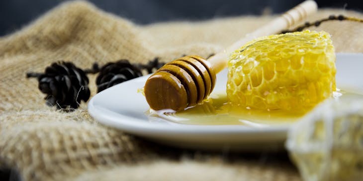 honey dipper next to honeycomb on white plate