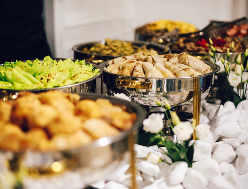 Catered food in silver dishes
