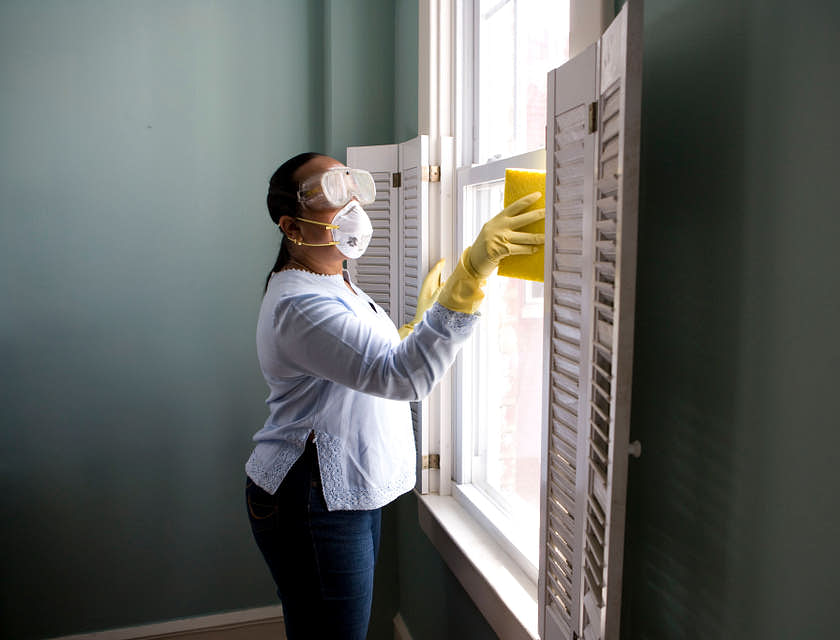mujer con gafas y mascarilla limpiando una ventana con una esponja.
