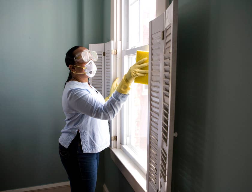 mujer con gafas y mascarilla limpiando una ventana con una esponja.