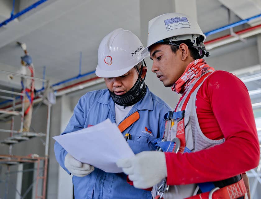 Dos ingenieros con cascos y equipo de seguridad mirando planos en una empresa constructora.