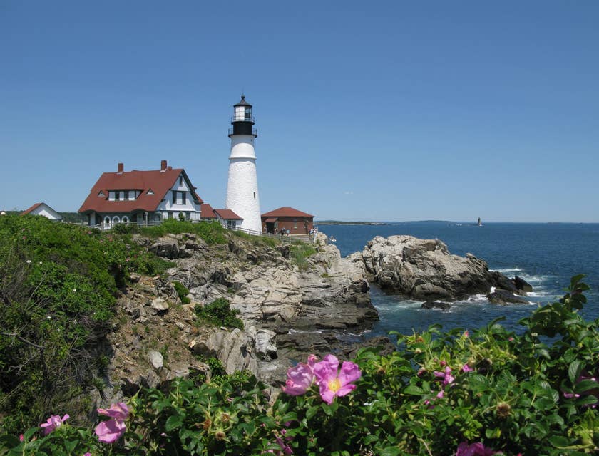 View of the Portland Head Light historic lighthouse in Cape Elizabeth, Maine