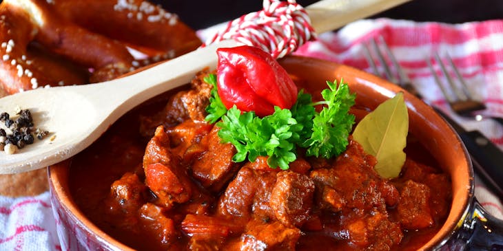 Beef goulash at Hungarian restaurant.