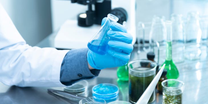 Person holding a flask in a lab business