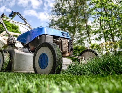 Un jardinero cortando el pasto en un negocio de jardinería.