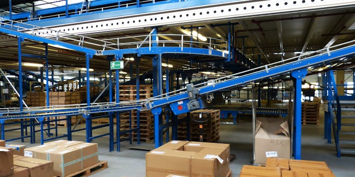 Boxes on pallets in a logistics center.