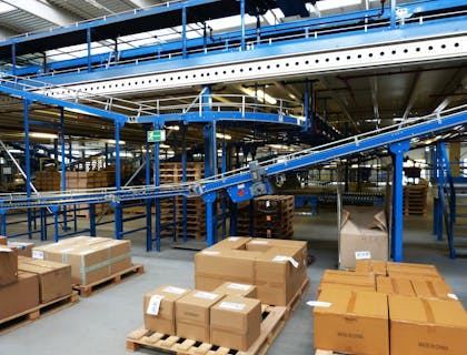 Boxes on pallets in a logistics center.