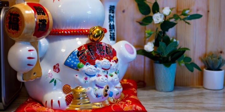 A lucky cat beside two pot plants.