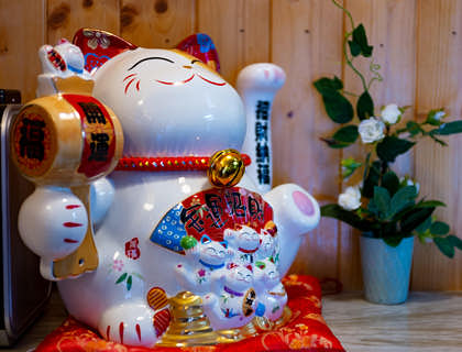 A lucky cat beside two pot plants.