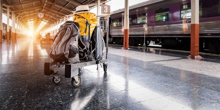 Several items of luggage on a trolley.
