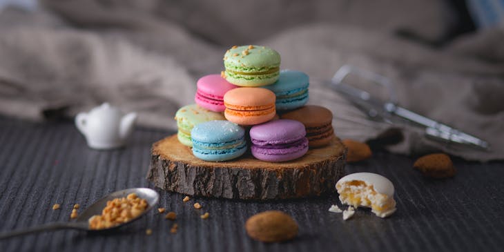 Colorful assortment of stacked macarons.
