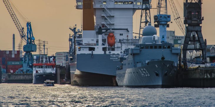 Maritime vessels in a harbor.