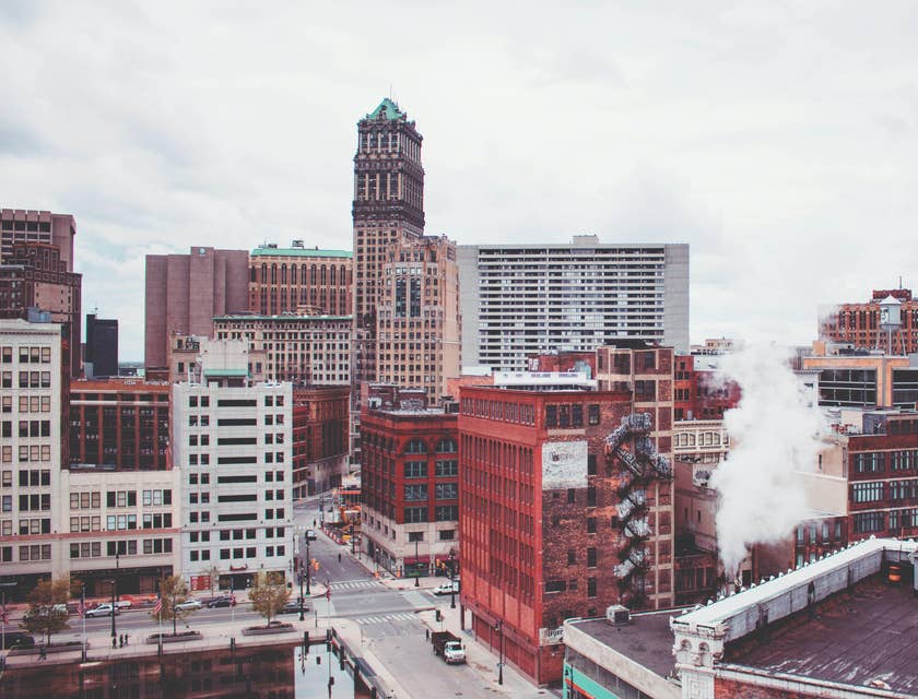 A view of buildings in Detroit, Michigan.