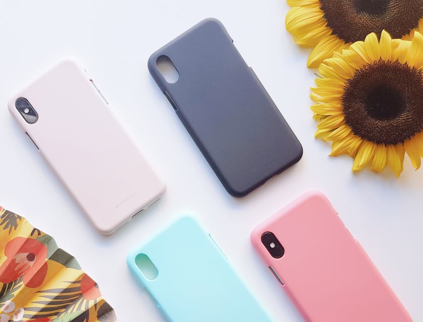 Delle cover per smartphone di vari colori circondate da girasoli e un ventaglio sopra il bancone di un negozio di accessori per cellulari.