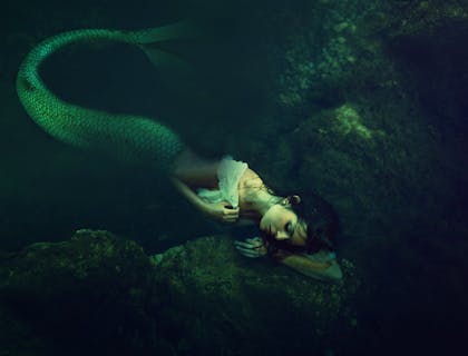 A mythological mermaid sleeping underwater.
