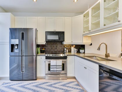 Stainless steel kitchen appliances in a kitchen.
