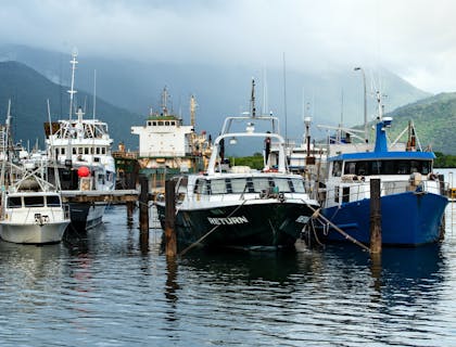 Barcos pesqueros de una empresa pesquera en un muelle.
