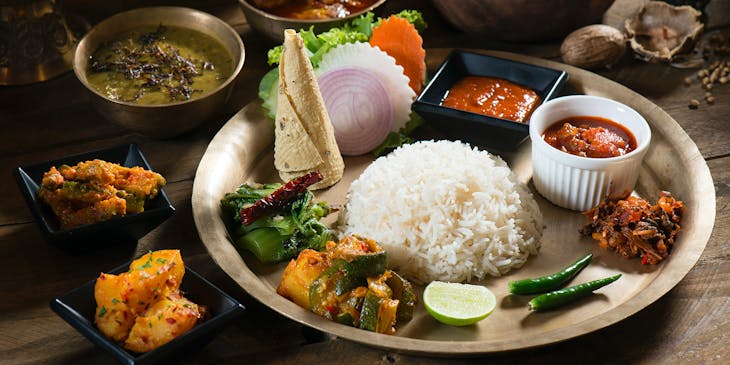 Variety of Nepalese food dishes in a Nepalese restaurant.