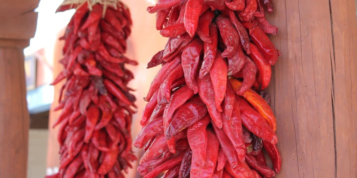 Dried red chili peppers hanging in ristra bunches from wooden support beams.