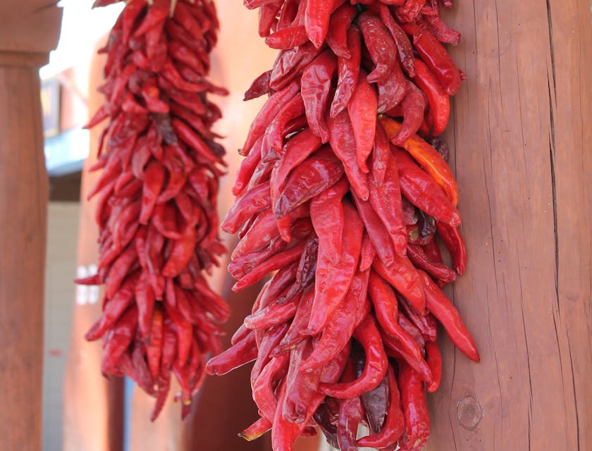 Piments rouges séchés suspendus en grappes de ristra à des poutres de soutien en bois.