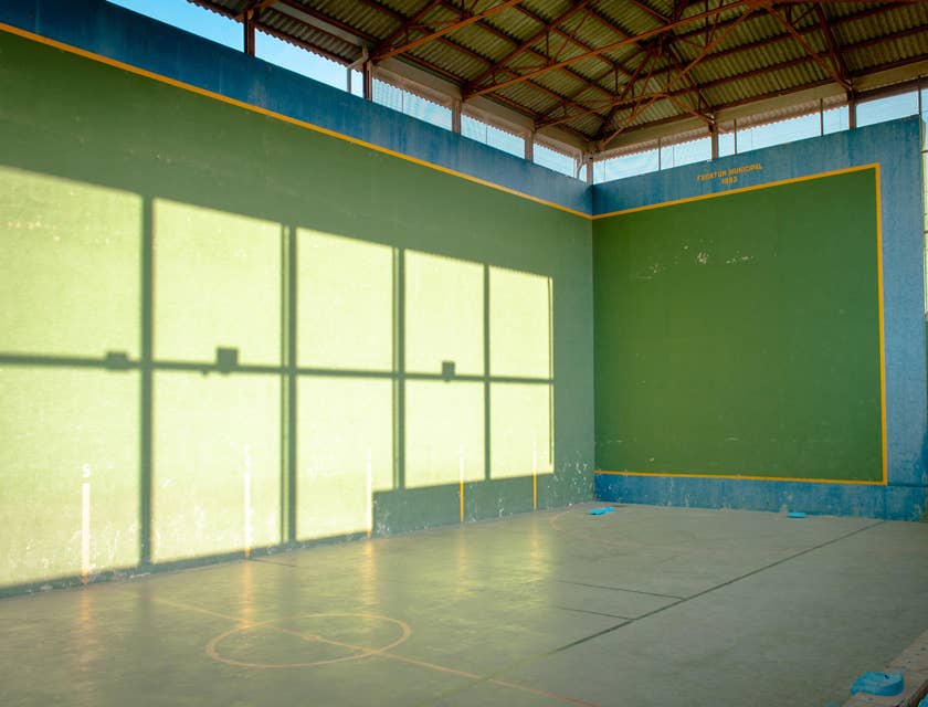 Una cancha en una escuela de pelota vasca con el reflejo del sol en una pared y techo de lamina corrugada.