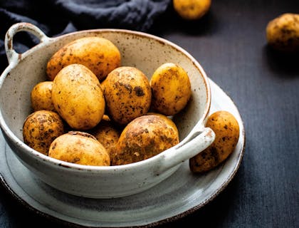 Papas condimentadas en un bowl blanco en un negocio de rellenos de papa.