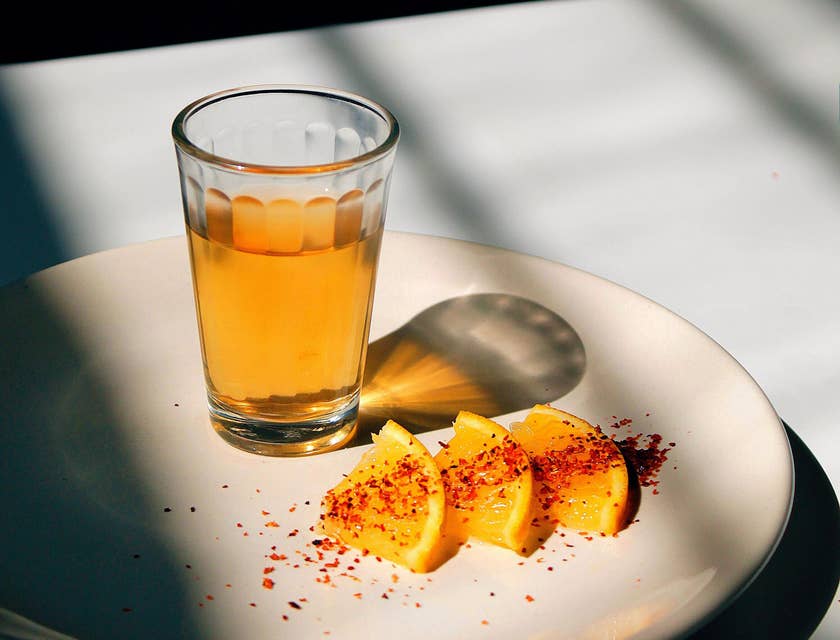 Vaso servido con tequila encima de un plato con rebanadas de naranja espolvoreadas con chile en polvo sobre una mesa blanca y un fondo negro en un negocio de tequila.