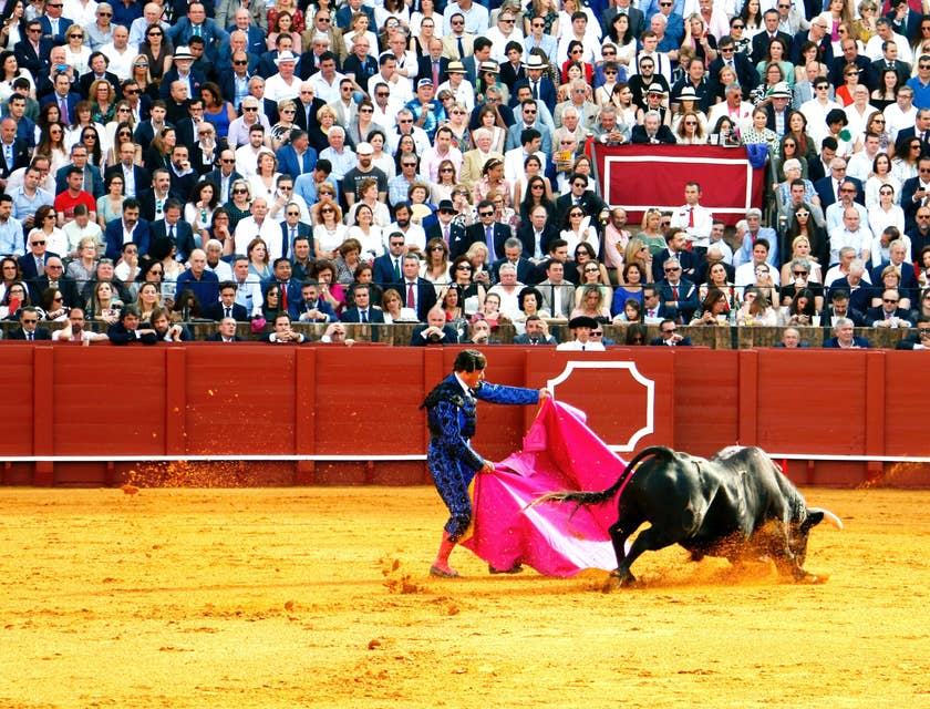 Un matador de toros toreando en medio de una plaza de un negocio de torero.