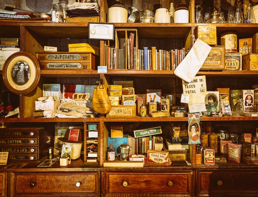 Zeitlose Gebrauchsgegenstände stehen im Holzregal eines Vintage-Geschäfts.