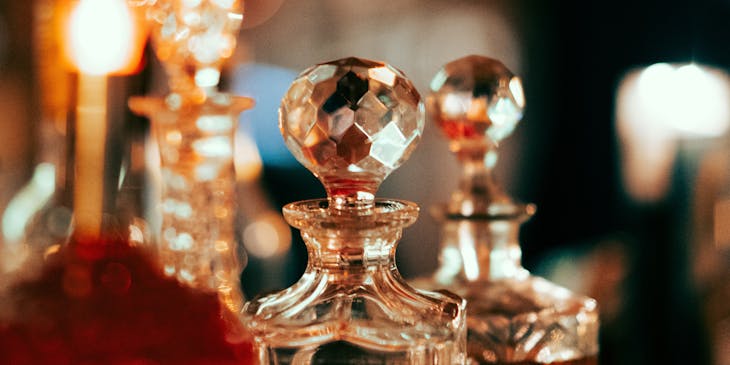 Close up of classic perfume bottles.