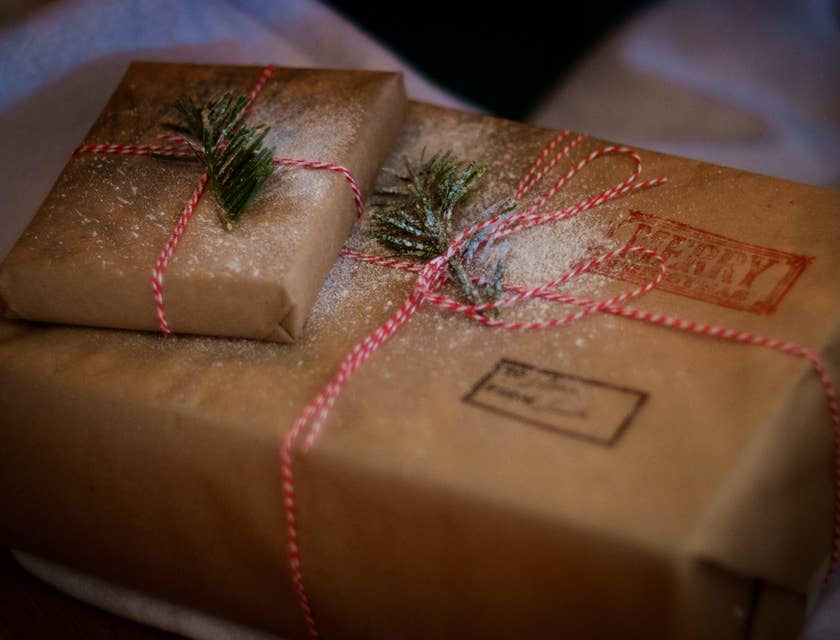 A personalized gift wrapped in butcher paper and twine.