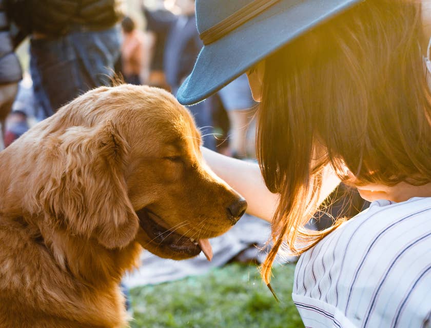 Una coppia che saluta il proprio cane prima di lasciarlo in una pensione per animali domestici e partire per una vacanza.