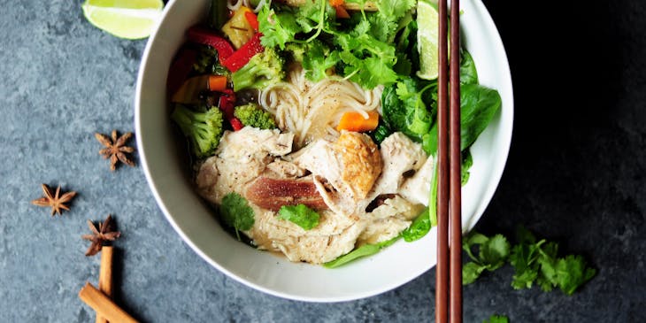 A bowl of pho served in a pho restaurant.