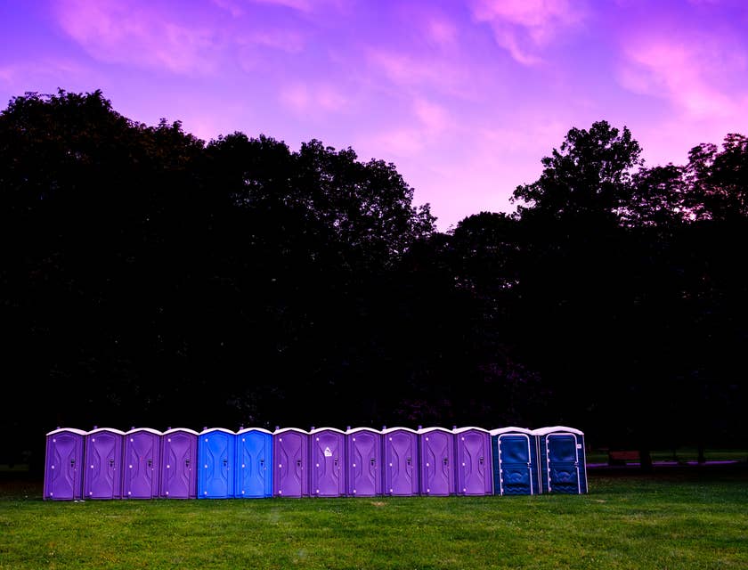 Violette und blaue mobile Toiletten stehen vor Bäumen in einem Feld.