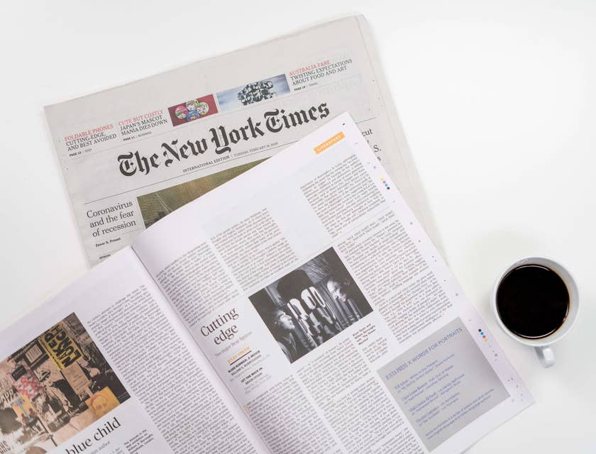 Um jornal impresso de mídia impressa e uma revista aberta ao lado de uma xícara de café.