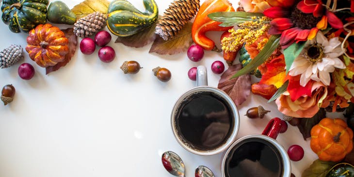 Seasonal fruit and flowers.
