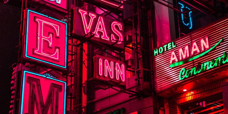 Colorful LED signage for a hotel.