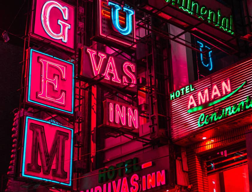 Colorful LED signage for a hotel.