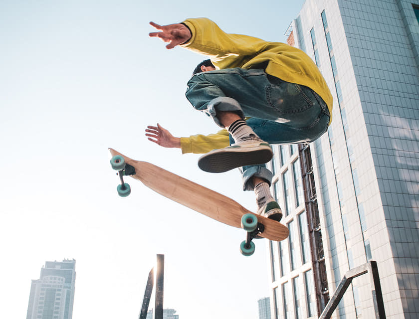 Skateboarder in mid air.